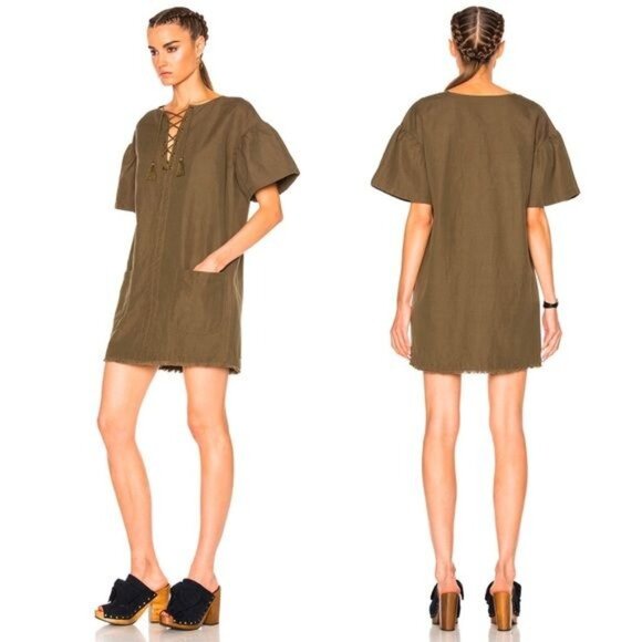 Ulla Johnson Marcelle Olive Cotton Twill Tunic Ruffle Dress - Picture 3 of 13
